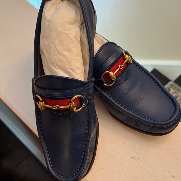 Gucci Navy Leather Loafers with Red and Gold Detail - Picture 1 of 6